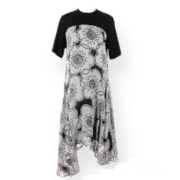 Clu Contrast Panels Asymmetric Floral Midi Dress black & white Dress - Size 1X - Picture 2 of 13